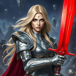 A striking blonde woman with alluring lavender eyes, adorned in gleaming, intricately designed shining armor that reflects light beautifully
