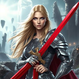 A striking blonde woman with alluring lavender eyes, adorned in gleaming, intricately designed shining armor that reflects light beautifully