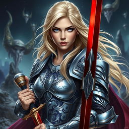 A striking blonde woman with alluring lavender eyes, adorned in gleaming, intricately designed shining armor that reflects light beautifully