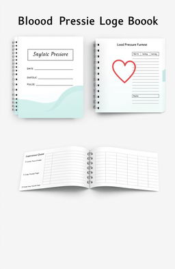 A blood pressure log book design concept, featuring a clean and organized layout with sections for date, time, systolic and diastolic readings, pulse, and notes