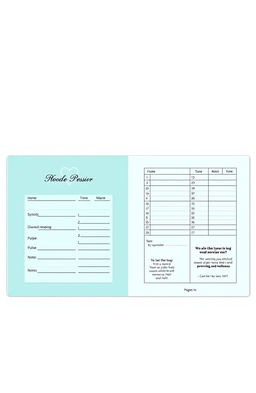 A blood pressure log book design concept, featuring a clean and organized layout with sections for date, time, systolic and diastolic readings, pulse, and notes