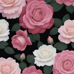 A dark background wallpaper featuring large, vibrant roses in shades of pink and white.