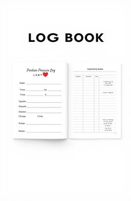 A blood pressure log book design concept, featuring a clean and organized layout with sections for date, time, systolic and diastolic readings, pulse, and notes