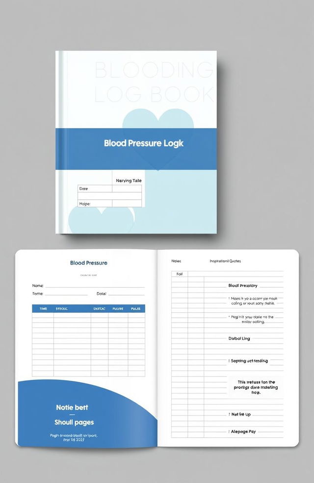 A blood pressure log book design concept, featuring a clean and organized layout with sections for date, time, systolic and diastolic readings, pulse, and notes