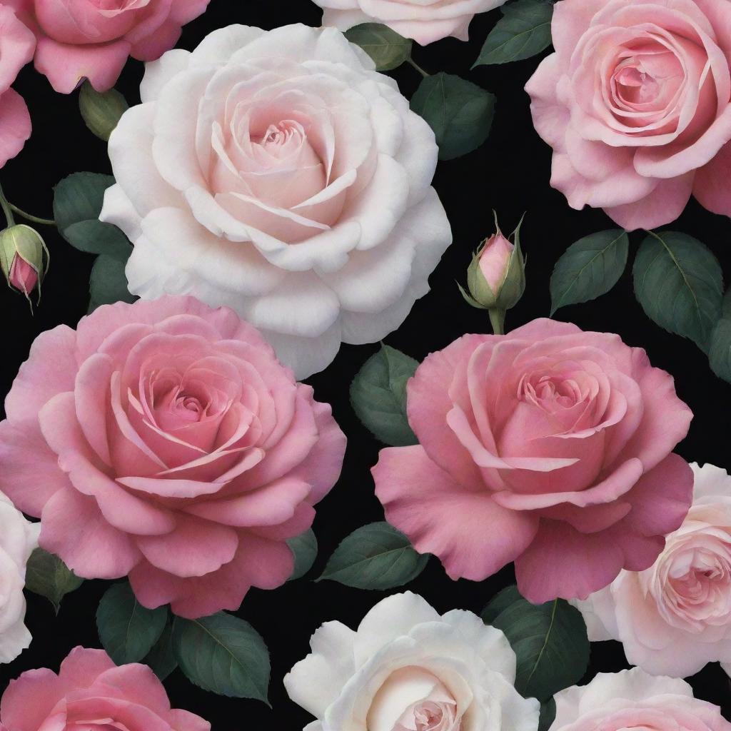 A dark background wallpaper featuring large, vibrant roses in shades of pink and white.