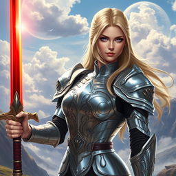 A powerful blonde woman with enchanting lavender eyes, dressed in elegant shining armor that reflects a spectrum of light