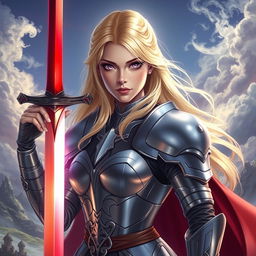 A powerful blonde woman with enchanting lavender eyes, dressed in elegant shining armor that reflects a spectrum of light