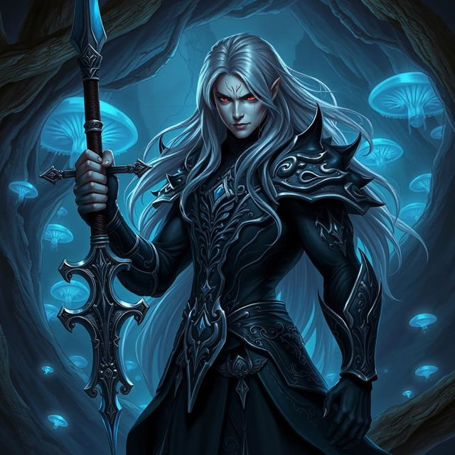 A striking Drow male character with long, flowing grey hair, deep red eyes, and an intricate black and silver armor adorned with elegant patterns