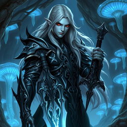 A striking Drow male character with long, flowing grey hair, deep red eyes, and an intricate black and silver armor adorned with elegant patterns