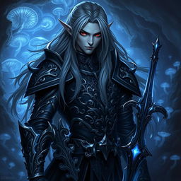 A striking Drow male character with long, flowing grey hair, deep red eyes, and an intricate black and silver armor adorned with elegant patterns