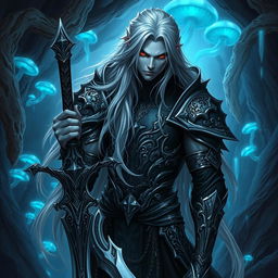A striking Drow male character with long, flowing grey hair, deep red eyes, and an intricate black and silver armor adorned with elegant patterns
