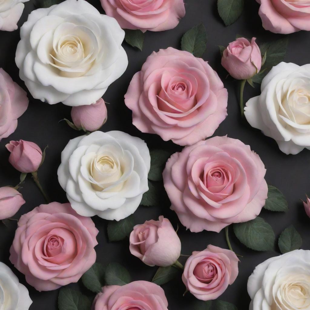 A 3D wallpaper with a dark background, featuring large, lifelike roses and posies in shades of pink and white.