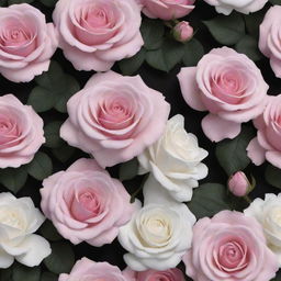 A 3D wallpaper with a dark background, featuring large, lifelike roses and posies in shades of pink and white.