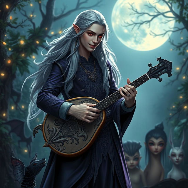 A captivating Drow male bard with long, flowing grey hair, dressed in an elegant, dark purple and silver ensemble that glimmers softly in the light