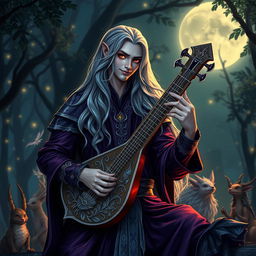 A captivating Drow male bard with long, flowing grey hair, dressed in an elegant, dark purple and silver ensemble that glimmers softly in the light