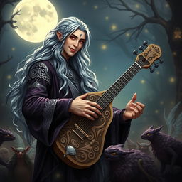 A captivating Drow male bard with long, flowing grey hair, dressed in an elegant, dark purple and silver ensemble that glimmers softly in the light