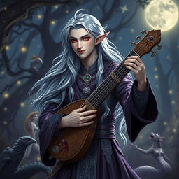 A captivating Drow male bard with long, flowing grey hair, dressed in an elegant, dark purple and silver ensemble that glimmers softly in the light