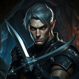 A fierce Drow male with short, neatly styled grey hair and striking deep red eyes