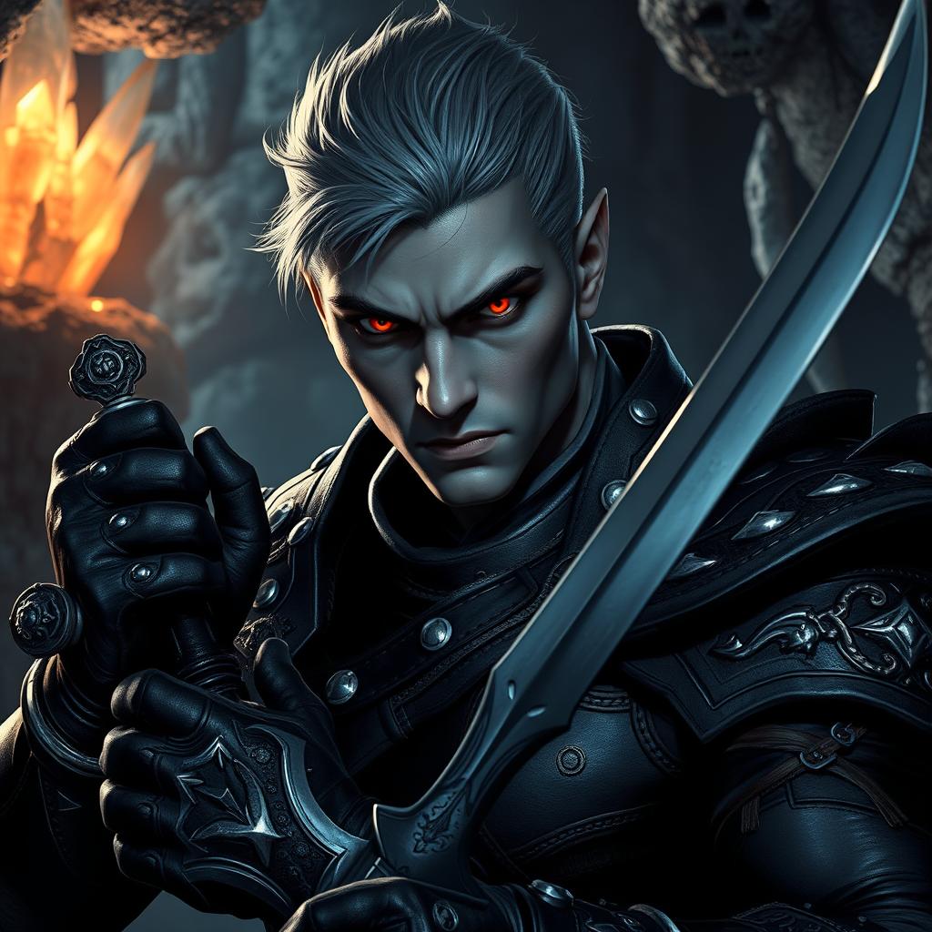 A fierce Drow male with short, neatly styled grey hair and striking deep red eyes