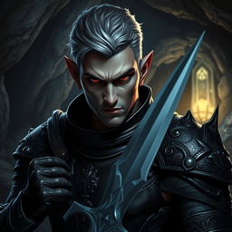 A fierce Drow male with short, neatly styled grey hair and striking deep red eyes