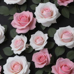 A 3D wallpaper with a dark background, featuring large, lifelike roses and posies in shades of pink and white.