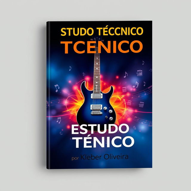 A dynamic e-book cover for 'ESTUDO TÉCNICO' by Kleber Oliveira, themed around advanced guitar techniques