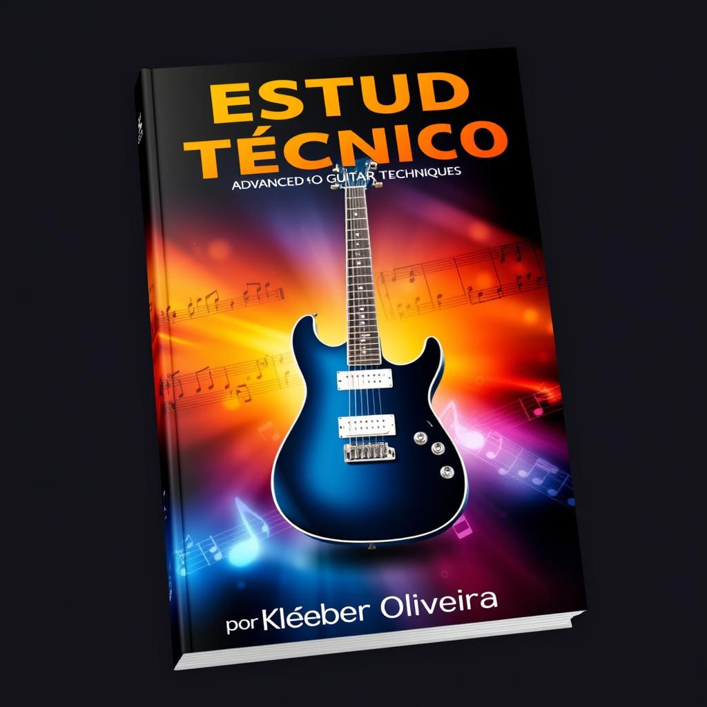 A dynamic e-book cover for 'ESTUDO TÉCNICO' by Kleber Oliveira, themed around advanced guitar techniques