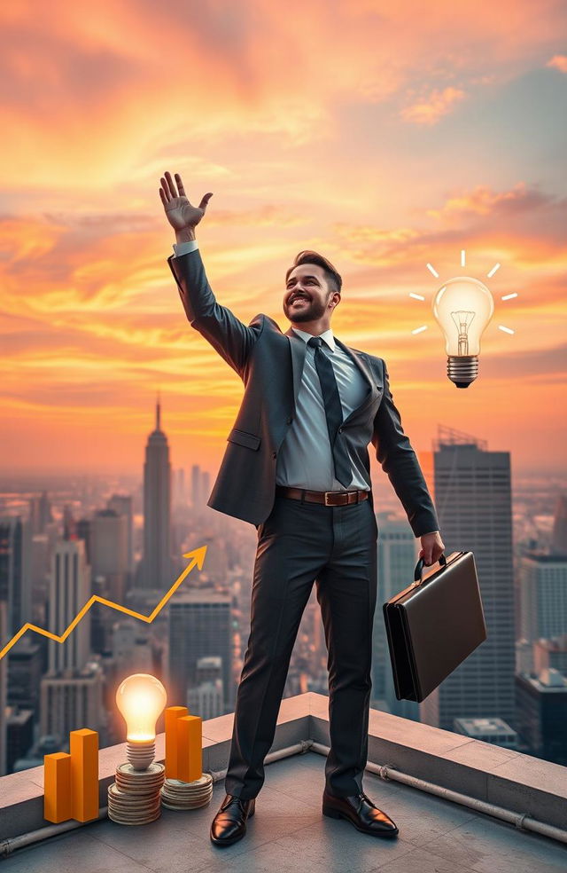 An inspirational image depicting a successful business person standing confidently on a rooftop, overlooking a bustling city skyline during sunset