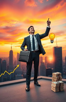 An inspirational image depicting a successful business person standing confidently on a rooftop, overlooking a bustling city skyline during sunset