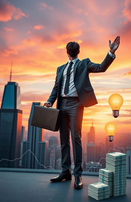 An inspirational image depicting a successful business person standing confidently on a rooftop, overlooking a bustling city skyline during sunset