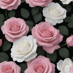 A 3D wallpaper with a dark background, featuring large, lifelike roses and posies in shades of pink and white.