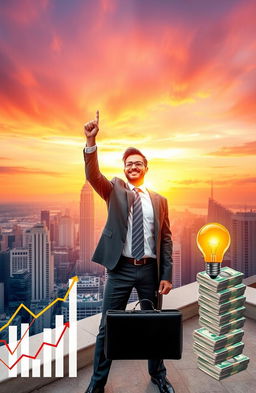 An inspirational image depicting a successful business person standing confidently on a rooftop, overlooking a bustling city skyline during sunset