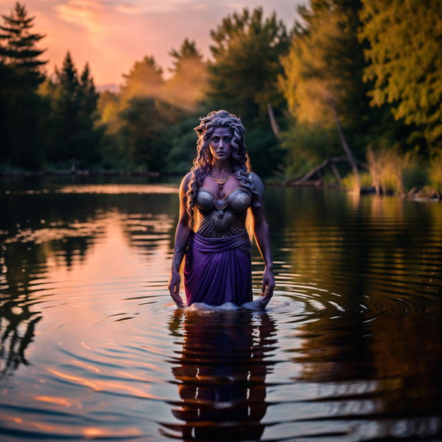 Medusa, wearing a lavish purple Roman toga, standing waist-deep in a lake, gazing at her reflection and slowly turning to stone