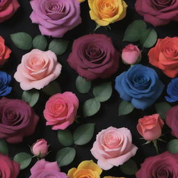 A vivid, 3D wallpaper showcasing dark background with multidimensional roses and posies in an array of colors.