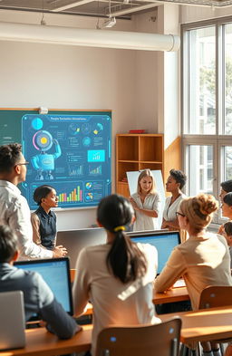 An engaging classroom scene depicting the theme of educational orientation influenced by artificial intelligence
