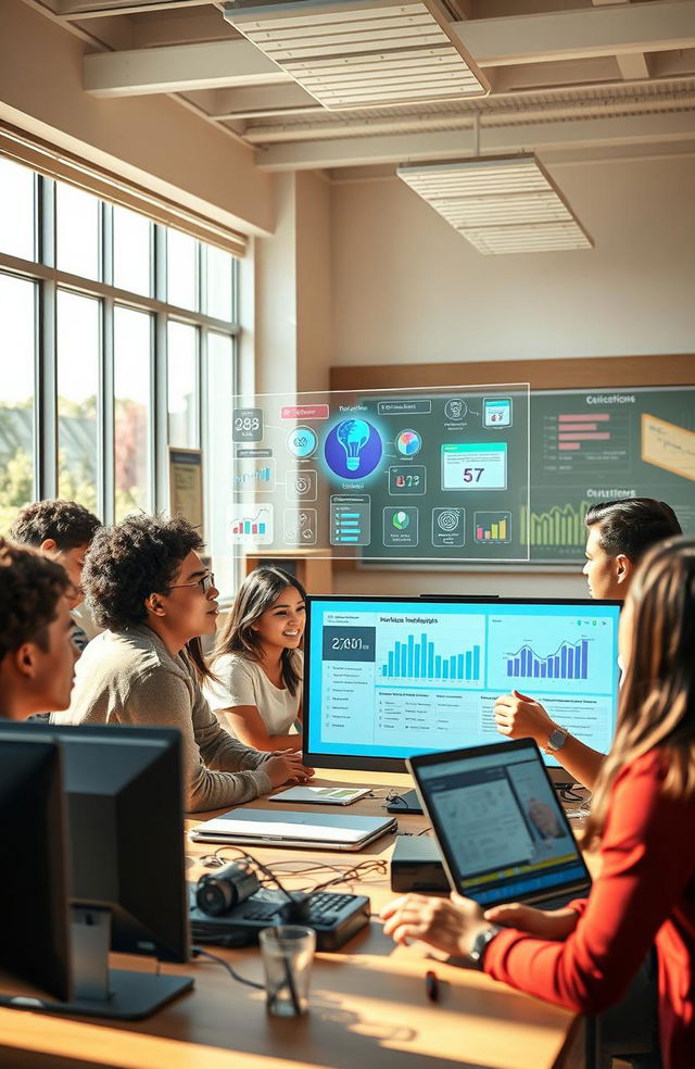 An engaging classroom scene depicting the theme of educational orientation influenced by artificial intelligence