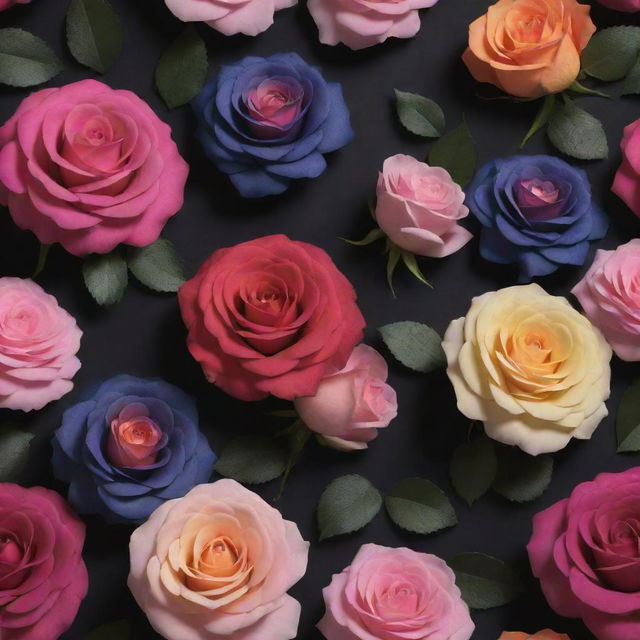 A vivid, 3D wallpaper showcasing dark background with multidimensional roses and posies in an array of colors.