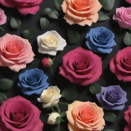 A vivid, 3D wallpaper showcasing dark background with multidimensional roses and posies in an array of colors.