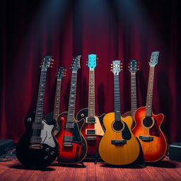 An eye-catching e-book cover centered around the theme of guitar, featuring an artistic depiction of multiple guitars arranged creatively