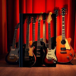 An eye-catching e-book cover centered around the theme of guitar, featuring an artistic depiction of multiple guitars arranged creatively