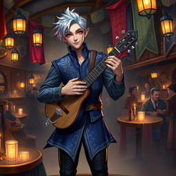 A charismatic Drow male bard with short, stylish grey hair, wearing a flamboyant outfit consisting of a deep blue vest with intricate silver embroidery paired with fitted black trousers