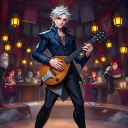 A charismatic Drow male bard with short, stylish grey hair, wearing a flamboyant outfit consisting of a deep blue vest with intricate silver embroidery paired with fitted black trousers