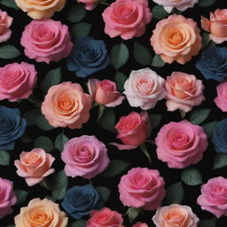 A vivid, 3D wallpaper showcasing dark background with multidimensional roses and posies in an array of colors.