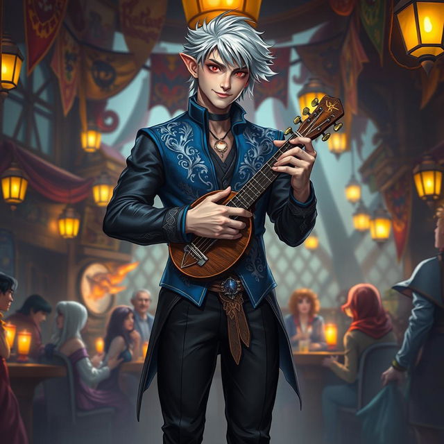 A charismatic Drow male bard with short, stylish grey hair, wearing a flamboyant outfit consisting of a deep blue vest with intricate silver embroidery paired with fitted black trousers