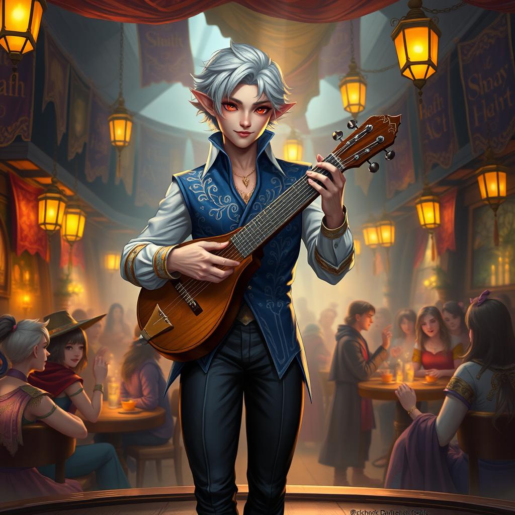 A charismatic Drow male bard with short, stylish grey hair, wearing a flamboyant outfit consisting of a deep blue vest with intricate silver embroidery paired with fitted black trousers