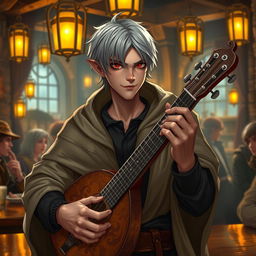 A charming Drow male bard with short, sleek grey hair, wearing a stylish lightweight cloak over a fitted dark shirt