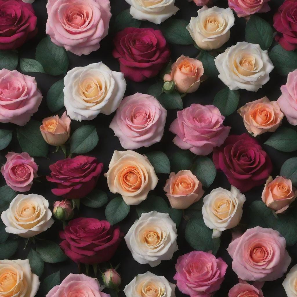 An immersive 3D wallpaper featuring a variety of colorful, realistic flowers, including roses and posies, set against a dark background