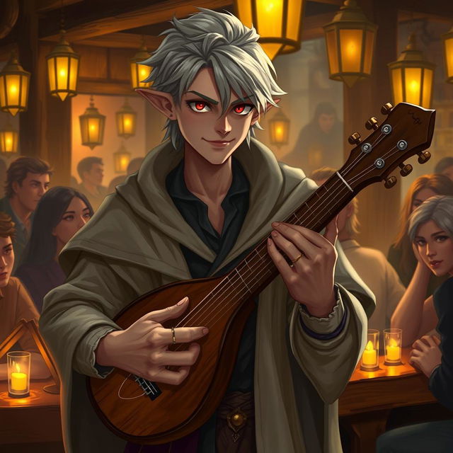 A charming Drow male bard with short, sleek grey hair, wearing a stylish lightweight cloak over a fitted dark shirt