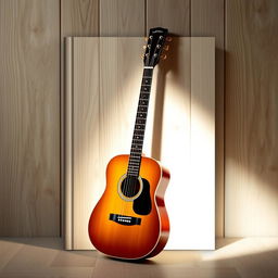 An elegant e-book cover designed to resemble a physical book about guitar, featuring a realistic, artistic depiction of an acoustic guitar leaning against a textured wooden backdrop