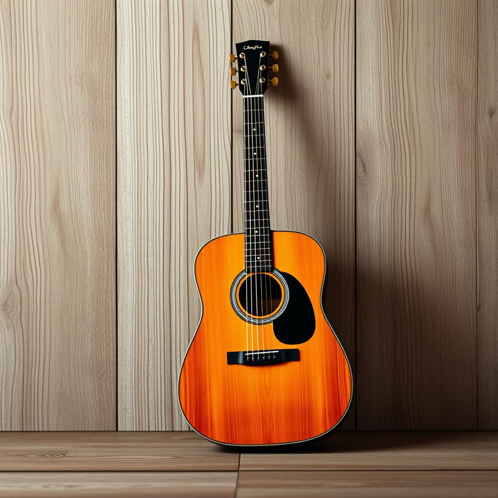 An elegant e-book cover designed to resemble a physical book about guitar, featuring a realistic, artistic depiction of an acoustic guitar leaning against a textured wooden backdrop